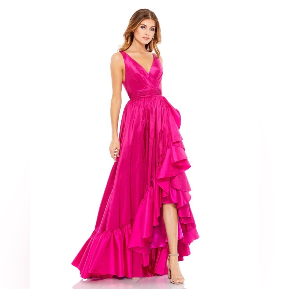 MD 67835 TAFFETA HI-LOW RUFFLE GOWN Magenta